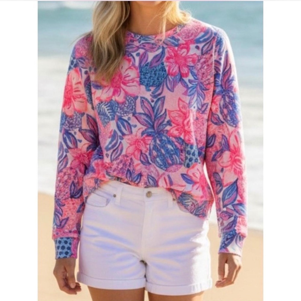 Lilly Pulitzer Pink Floral Pineapple Puff Sleeve Sweatshirt 011918 Small